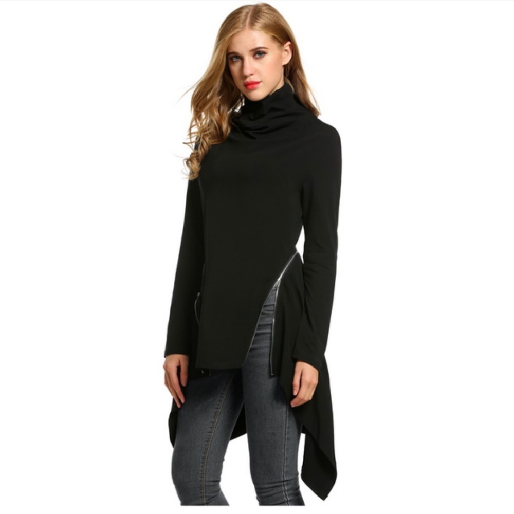 Black Mock Neck Long Sleeve Asymmetric Top XL